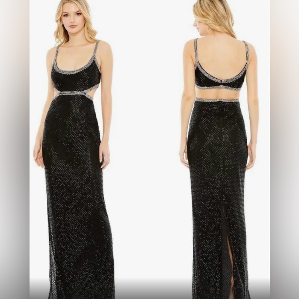 MAC DUGGAL Dress Size 0 Evening Gown Sequin Black Silver NEW Sleeveless Cut Out
